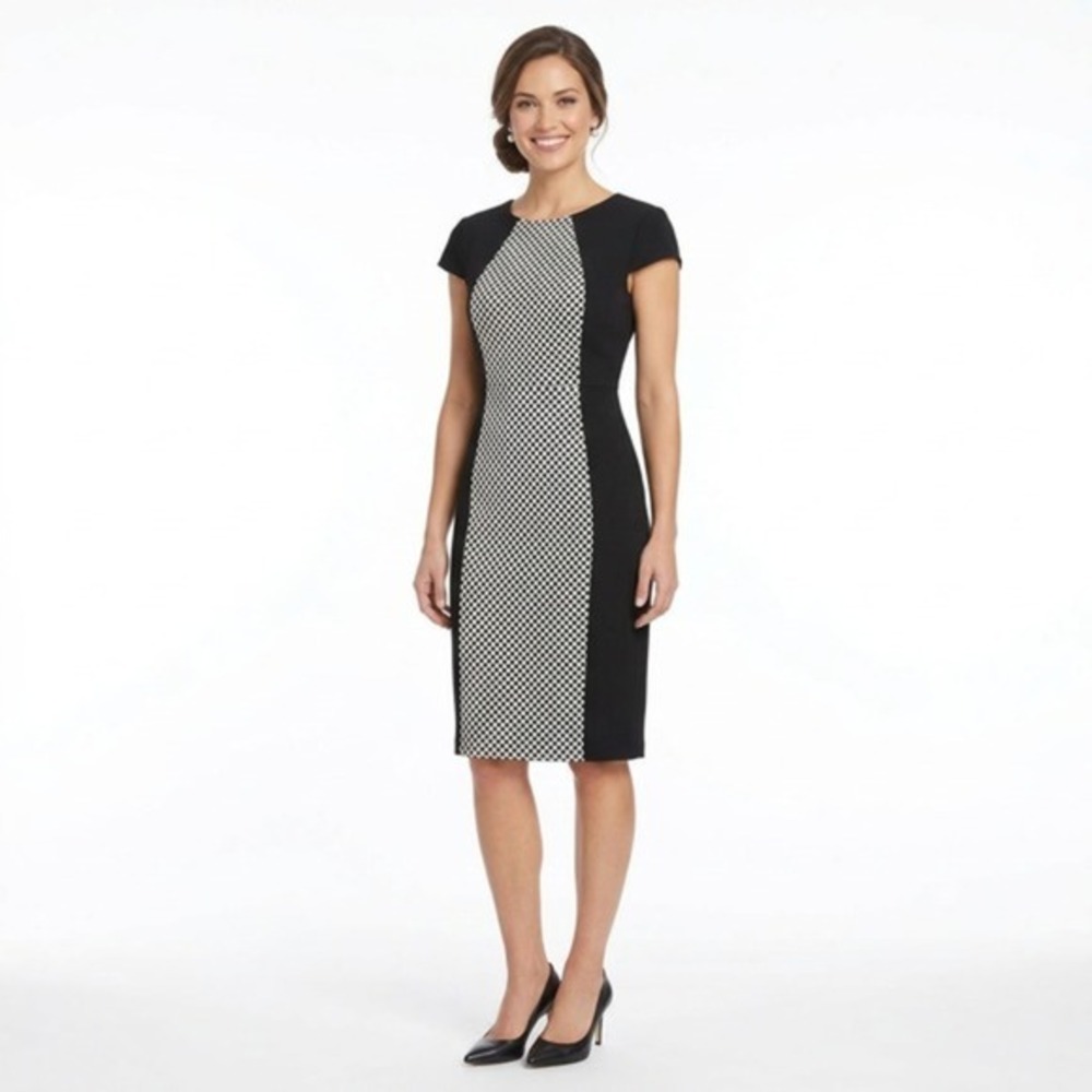 Liz Claiborne Black White Colorblock Sheath Dress Gold Zip Cap Sleeve Size 4